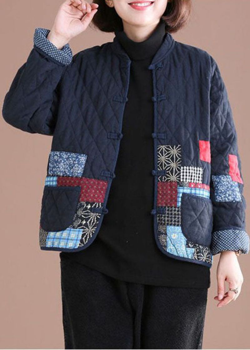 Retro Blauwe Oosterse Patchwork Stoffen Fijne Katoenen Gevulde Jassen Winter - Dames donsjacks