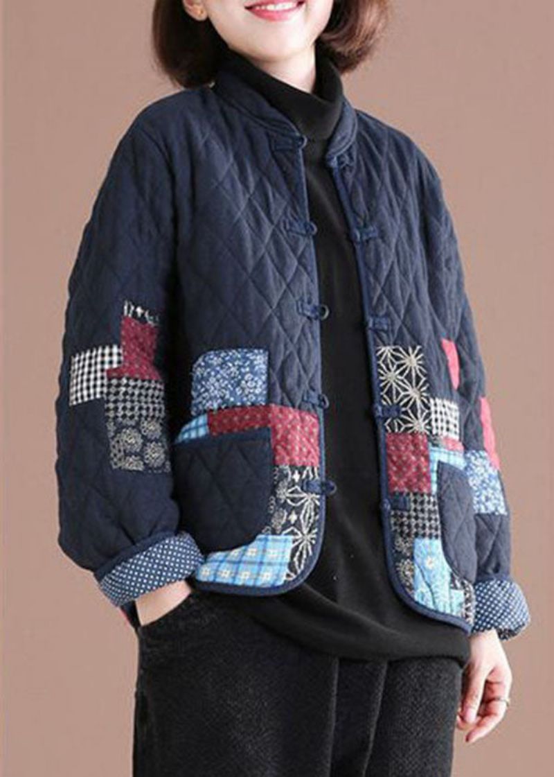 Retro Blauwe Oosterse Patchwork Stoffen Fijne Katoenen Gevulde Jassen Winter - Dames donsjacks