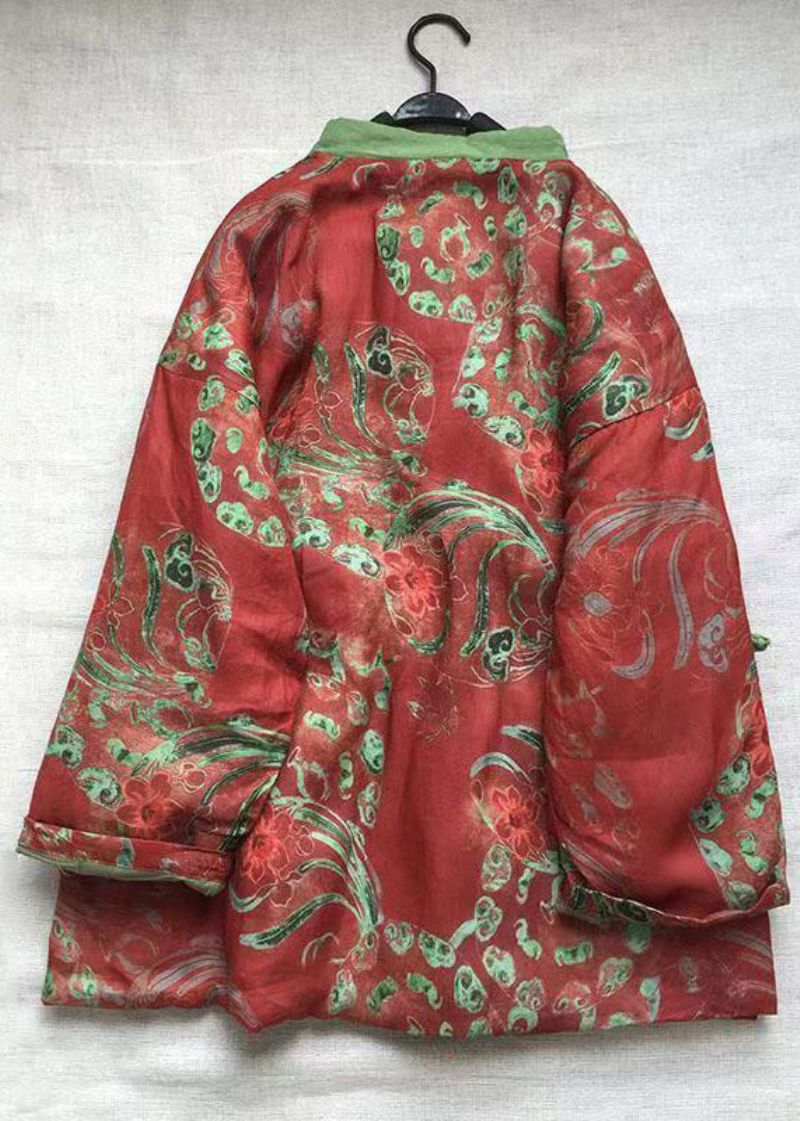 Retro Rode Opstaande Kraag Print Chinese Knop Fijn Katoen Gevulde Jassen Winter - Dames donsjacks