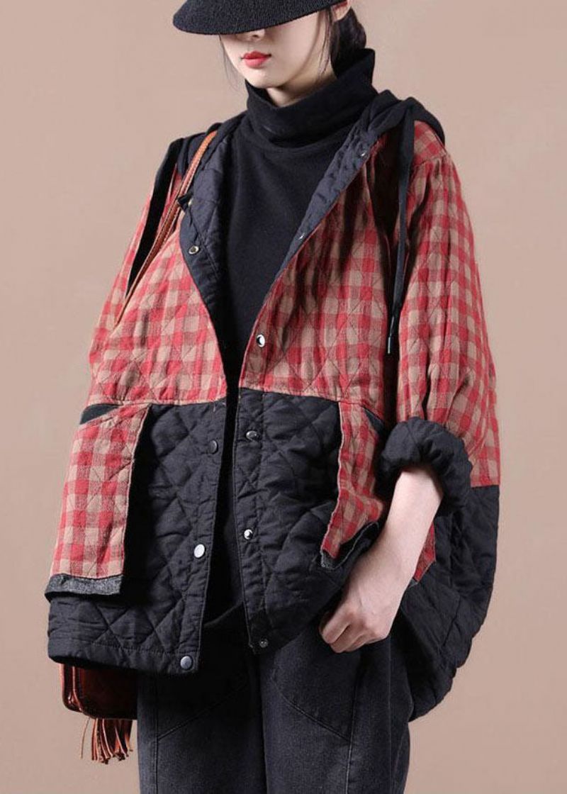 Rode Geruite Patchwork Dames Winterparka's - Rood