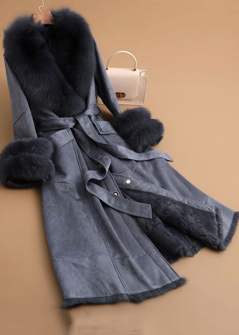 Slim Fit Denim Blue Fox-kraag Sjerpen Zakken Leer En Bont Parka's Winter