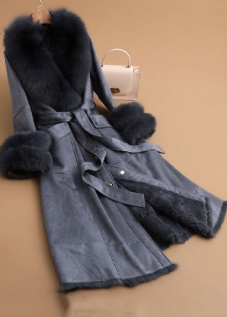 Slim Fit Denim Blue Fox-kraag Sjerpen Zakken Leer En Bont Parka's Winter