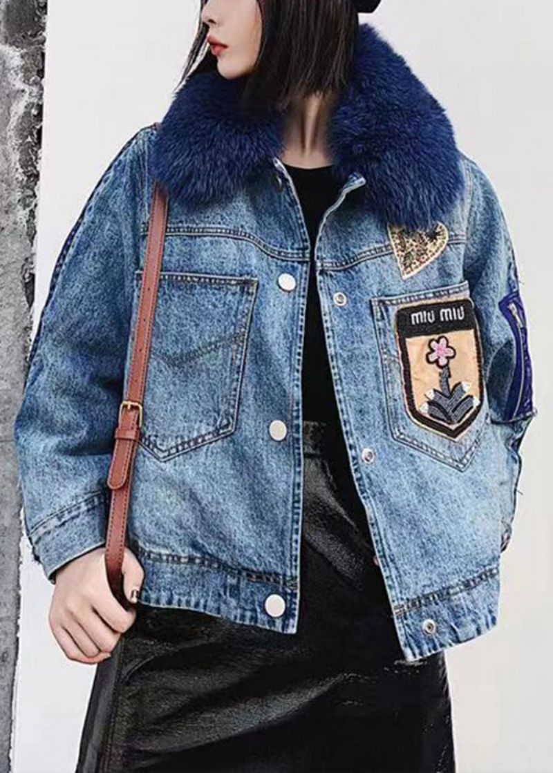 Stijl Blauwe Peter Pan Kraag Denim Patchwork Fijne Katoenen Gevulde Jassen Winter