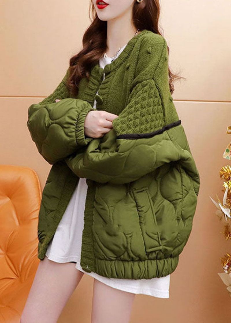 Stijl Groen Oversized Met Katoen Gevuld Patchwork Gebreid Vest Winter - Dames donsjacks