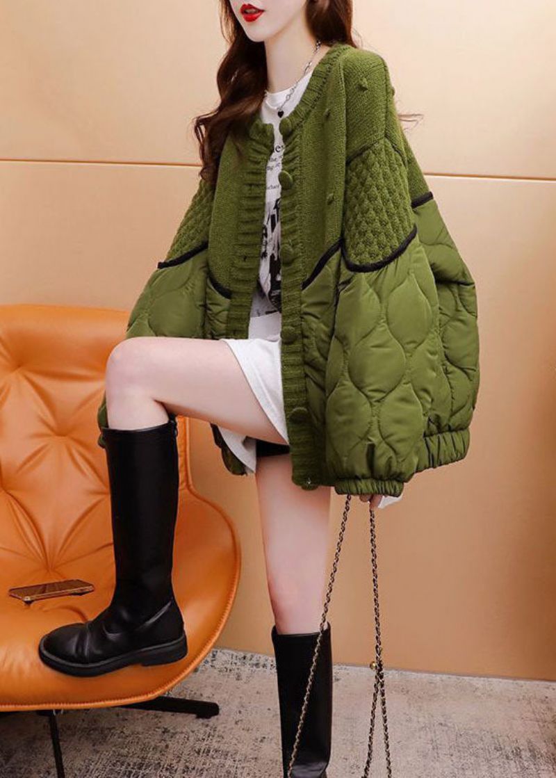 Stijl Groen Oversized Met Katoen Gevuld Patchwork Gebreid Vest Winter - Dames donsjacks