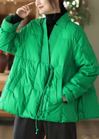 Stijl Groene V-hals Oversized Oosterse Knoop Eendendons Pufferjas Winter