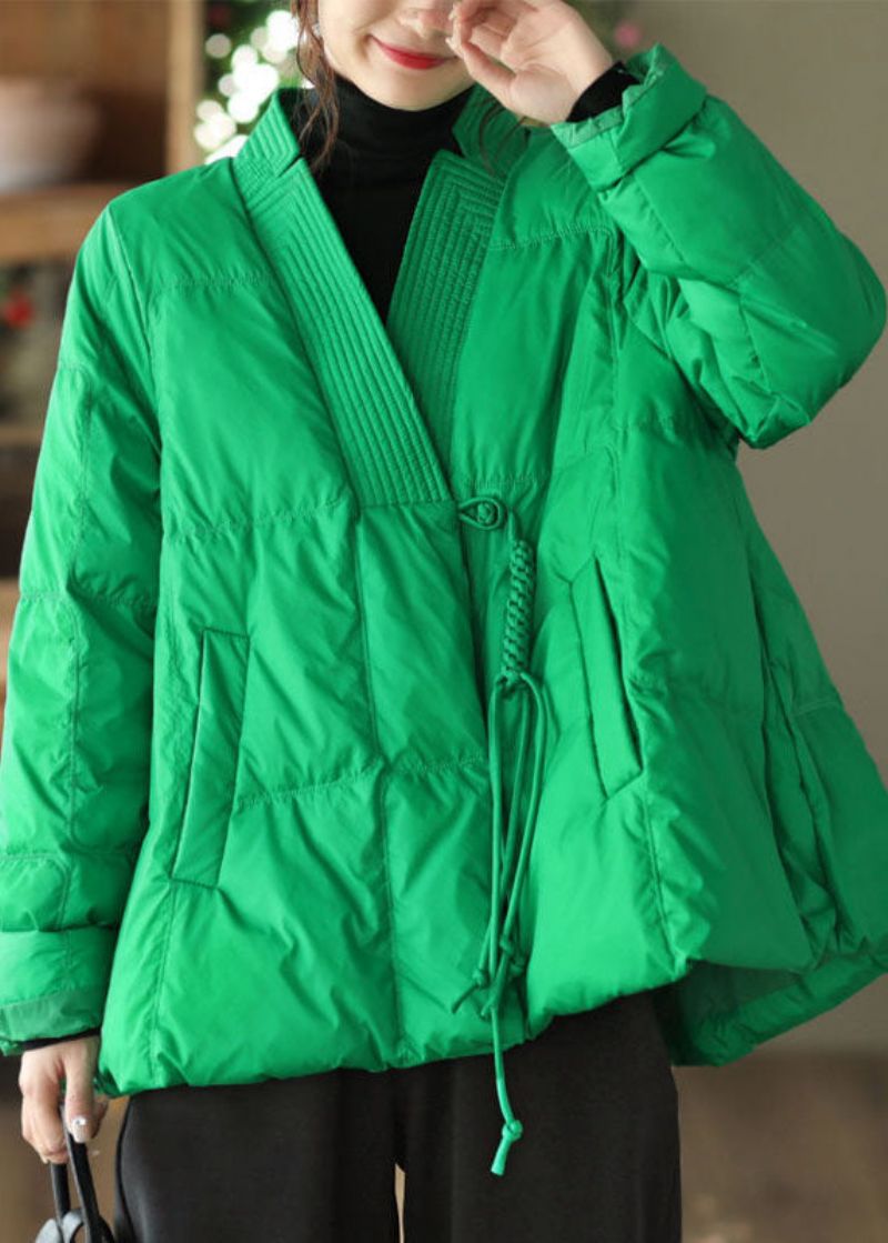 Stijl Groene V-hals Oversized Oosterse Knoop Eendendons Pufferjas Winter - Dames donsjacks