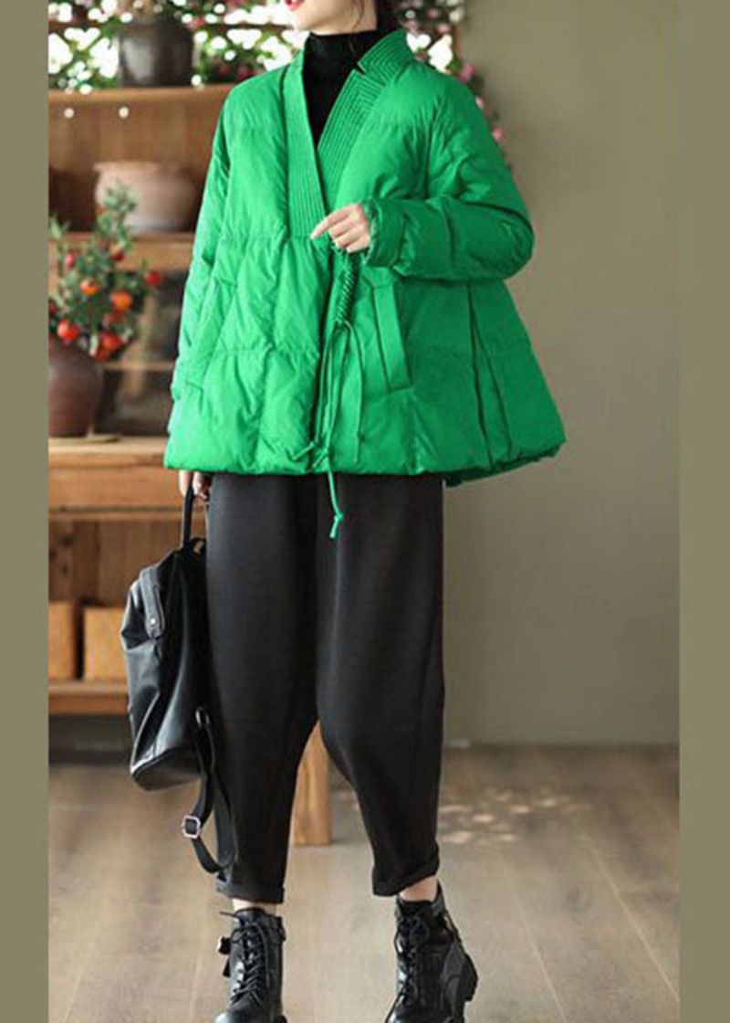 Stijl Groene V-hals Oversized Oosterse Knoop Eendendons Pufferjas Winter - Dames donsjacks