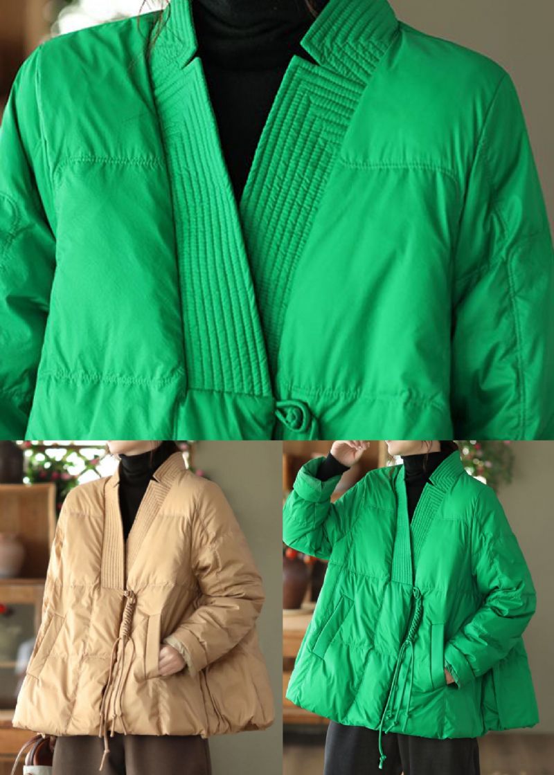 Stijl Groene V-hals Oversized Oosterse Knoop Eendendons Pufferjas Winter - Dames donsjacks