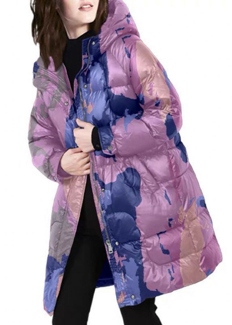 Stijl Paarse Capuchonprint Dikke Eendendons Puffersjassen Winter - Dames donsjacks