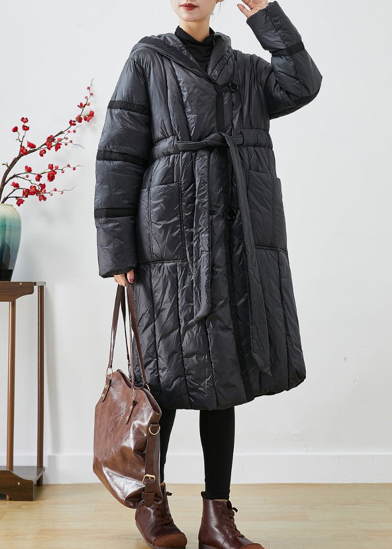 Stijlvol Oversized Warm Eendendonsjack Met Zwarte Stropdas In De Taille In De Winter - Dames donsjacks