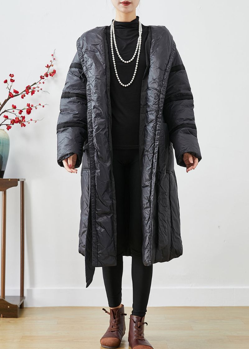 Stijlvol Oversized Warm Eendendonsjack Met Zwarte Stropdas In De Taille In De Winter - Dames donsjacks