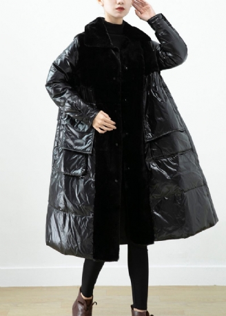 Stijlvol Zwart Oversized Patchwork Nertsfluweel Eenddons Donsjack Winter