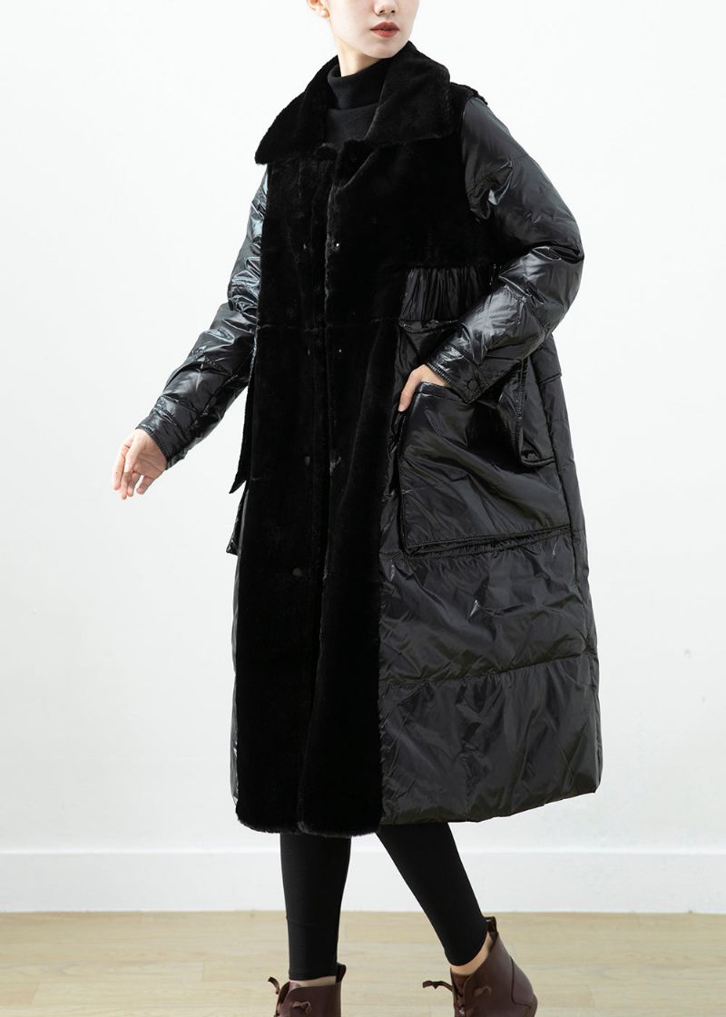 Stijlvol Zwart Oversized Patchwork Nertsfluweel Eenddons Donsjack Winter - Dames donsjacks