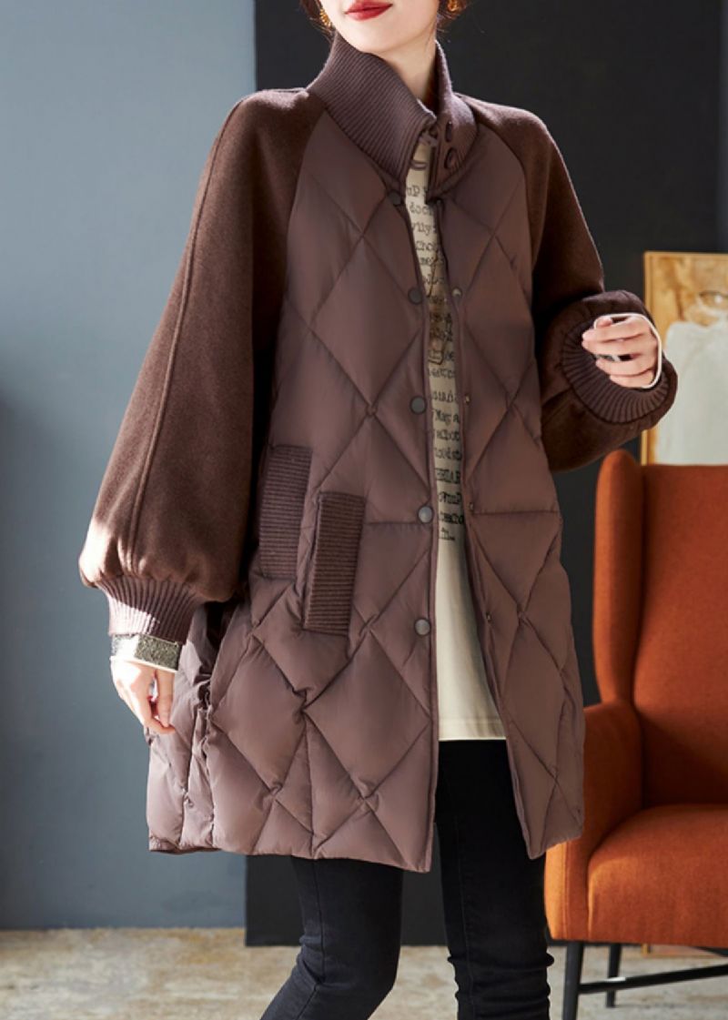 Stijlvolle Bruine Oversized Patchwork Wollen Fijne Katoenen Gevulde Jassen Winter - Dames donsjacks