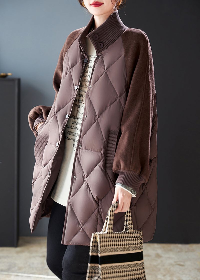 Stijlvolle Bruine Oversized Patchwork Wollen Fijne Katoenen Gevulde Jassen Winter - Dames donsjacks