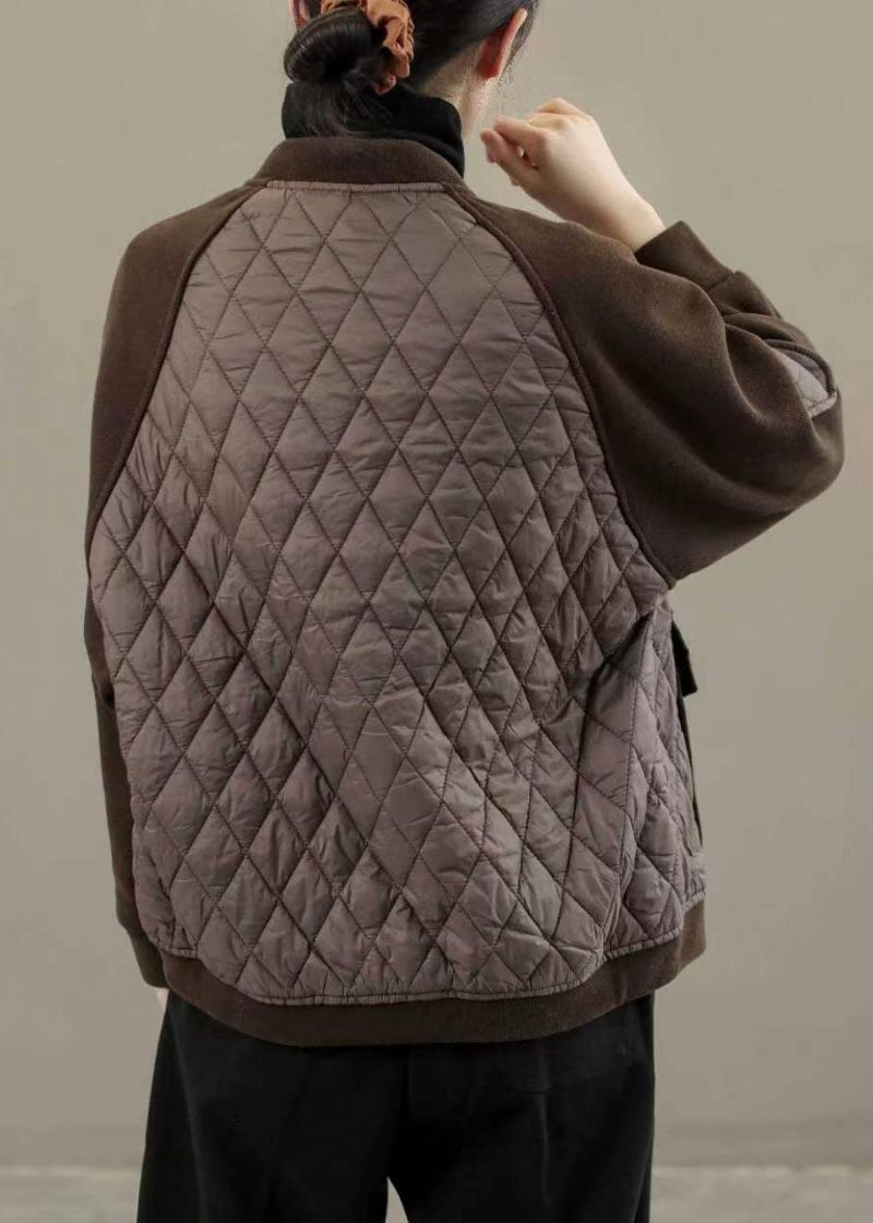 Stijlvolle Chocoladekleurige Opstaande Kraag Zakken Patchwork Fijne Katoenen Gevulde Jassen Winter - Dames donsjacks