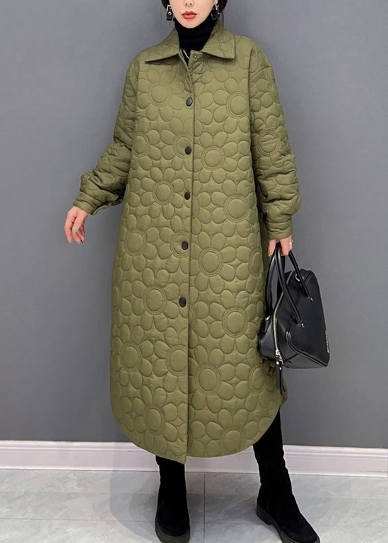 Stijlvolle Groene Peter Pan-kraag Warme Fleece Dikke Knop Lange Parka Winter - Dames donsjacks