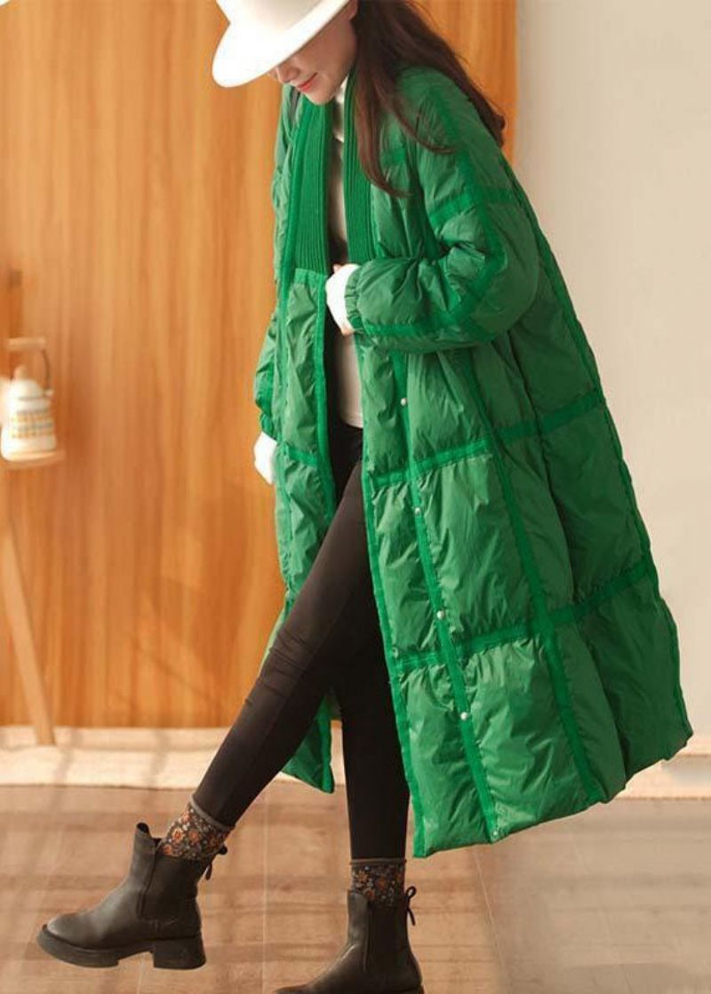 Stijlvolle Groene V-hals Gebreide Patchwork Eendendons Jassen Winter - Dames donsjacks