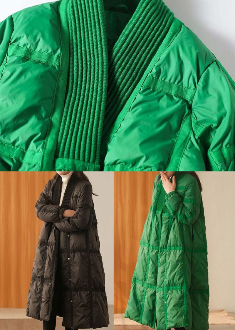 Stijlvolle Groene V-hals Gebreide Patchwork Eendendons Jassen Winter - Dames donsjacks