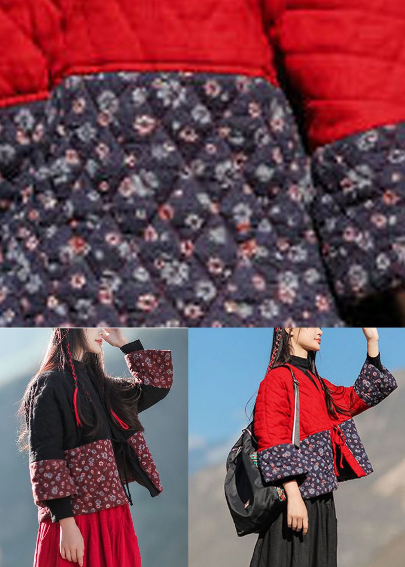 Stijlvolle Rode V-hals Patchwork Print Fijn Katoen Gevuld Los Vest Winter - Dames donsjacks