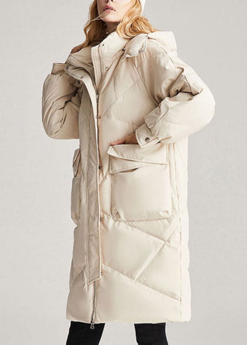 Trendy Beige Casual Winter-eenddonsjack Met Zakken Met Ritssluiting