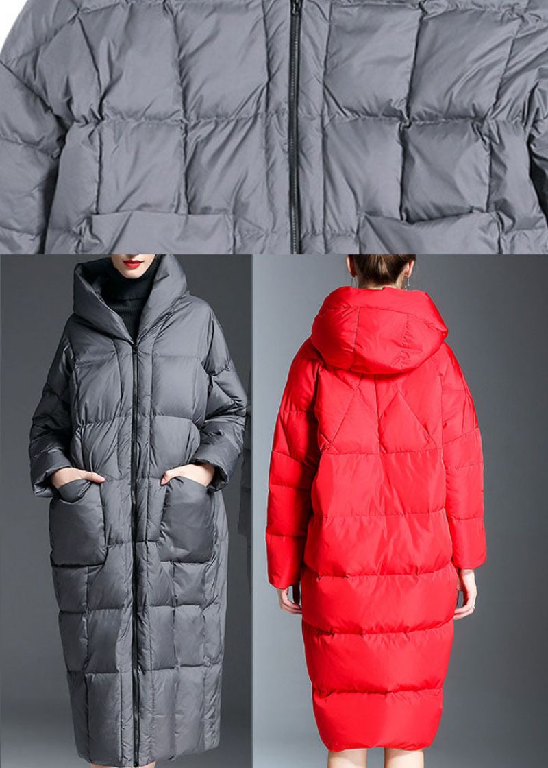 Trendy Grijze Warme Dikke Winter Eendendonsjas Met Ritssluiting - Rood