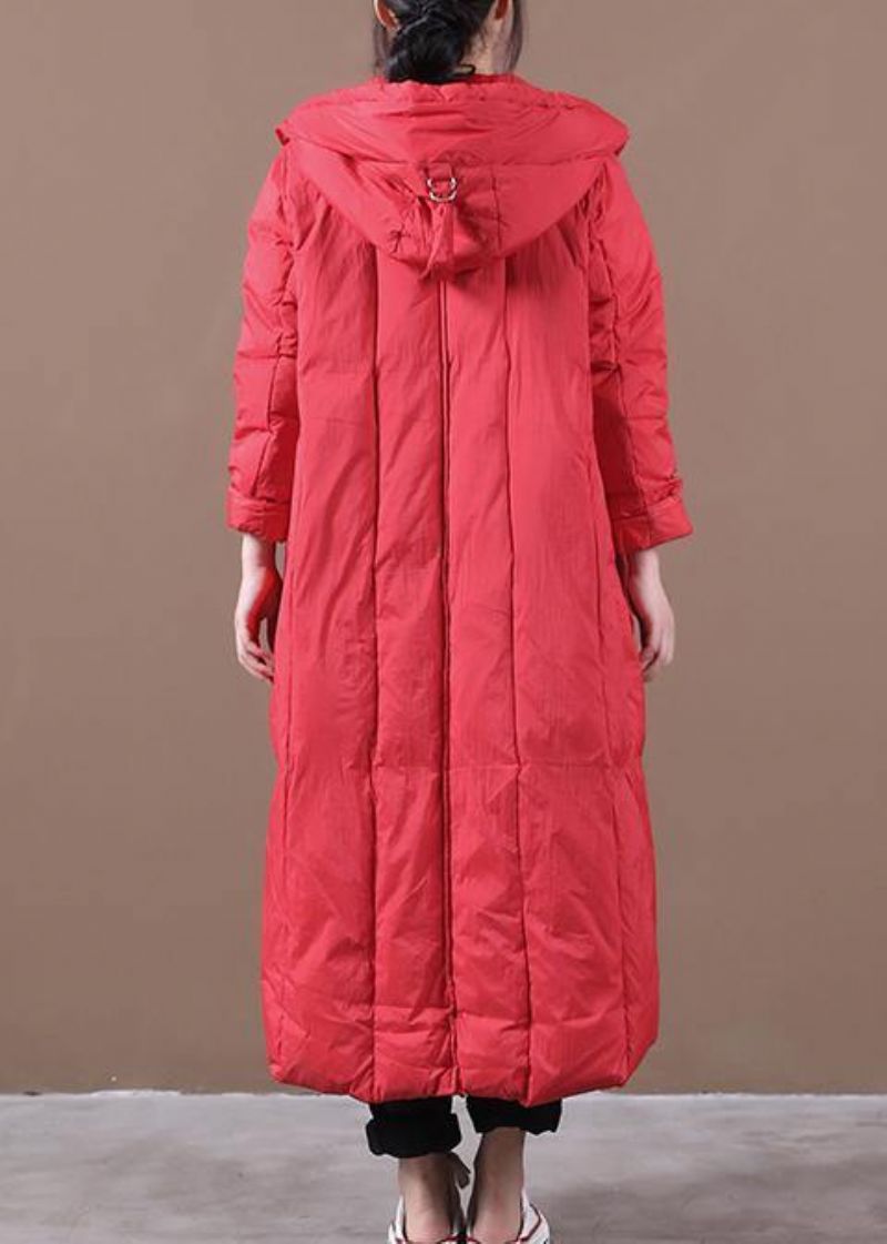 Trendy Grote Maten Sneeuwjassen Winteroutwear Rode Capuchon Ganzendonsjas Met Zakken - Dames donsjacks