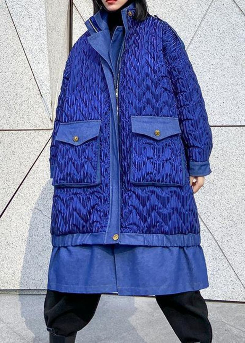 Trendy Plus Size Jassen Winteroutwear Blauwe Revers Parka's Met Ritssluiting Voor Dames - Blauw