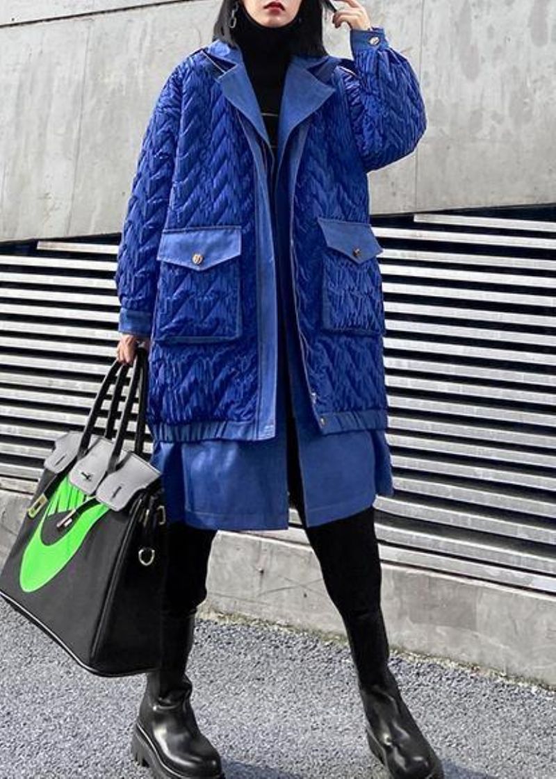 Trendy Plus Size Jassen Winteroutwear Blauwe Revers Parka's Met Ritssluiting Voor Dames - Blauw