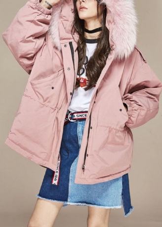 Trendy Roze Bontkraag Zakken Met Ritssluiting Winter-eenddons Pufferjack