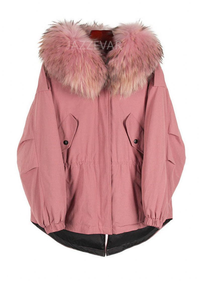 Trendy Roze Bontkraag Zakken Met Ritssluiting Winter-eenddons Pufferjack - Legergroen