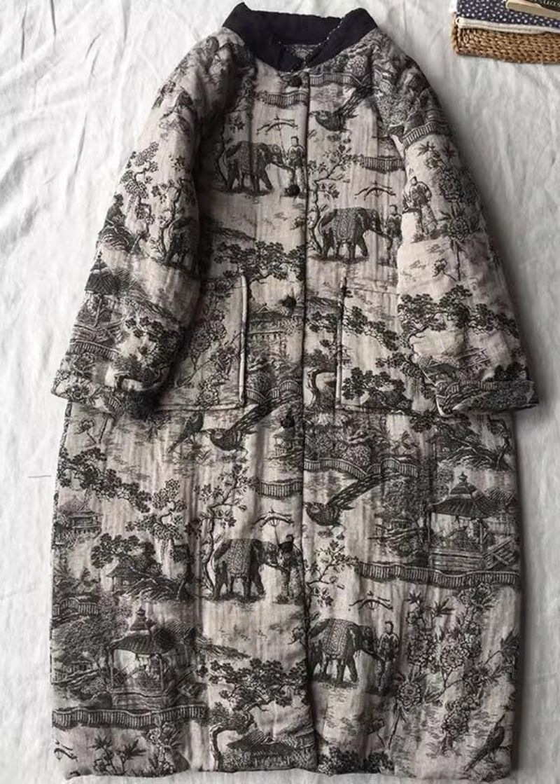 Vintage Abrikoos Oversized Print Fijne Katoen Gevulde Lange Jassen Winter