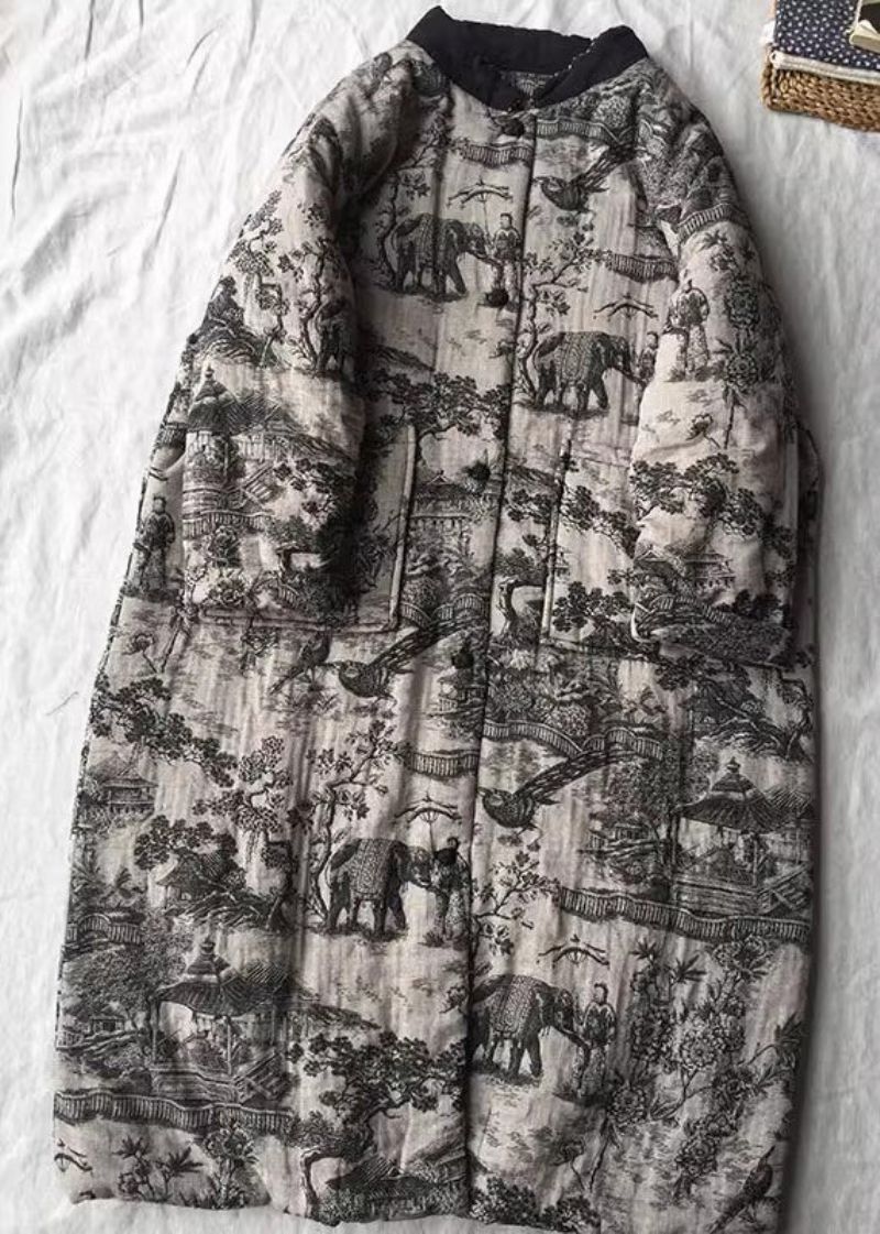 Vintage Abrikoos Oversized Print Fijne Katoen Gevulde Lange Jassen Winter - Dames donsjacks