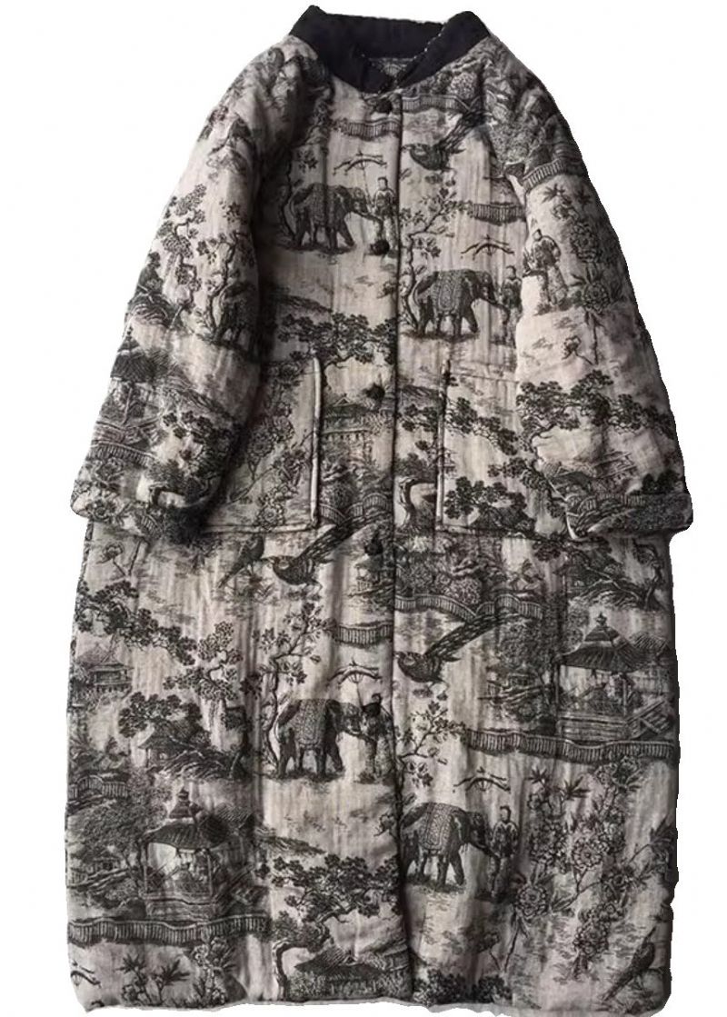 Vintage Abrikoos Oversized Print Fijne Katoen Gevulde Lange Jassen Winter - Dames donsjacks