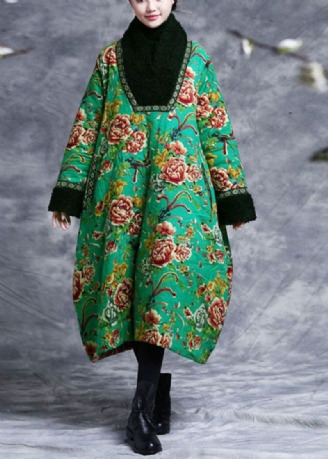 Vintage Groene V-hals Patchwork Teddy Namaakbont Fijn Katoen Gevulde Jurk Kaftan Winter