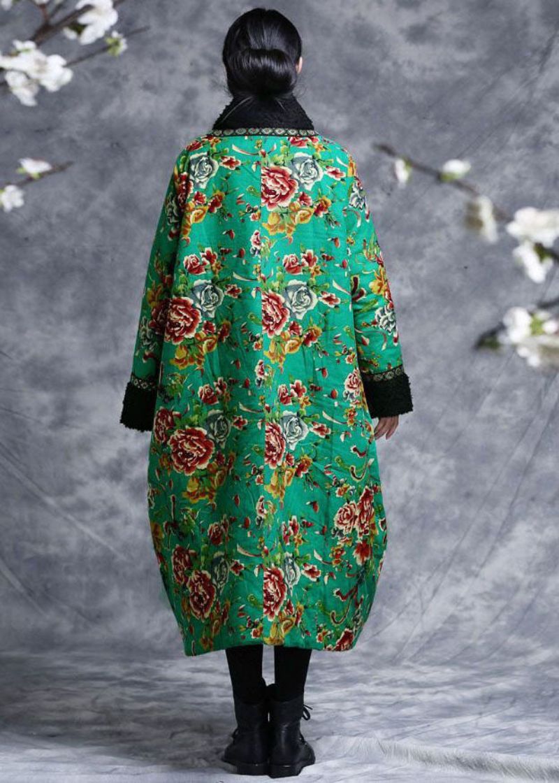 Vintage Groene V-hals Patchwork Teddy Namaakbont Fijn Katoen Gevulde Jurk Kaftan Winter - Dames donsjacks