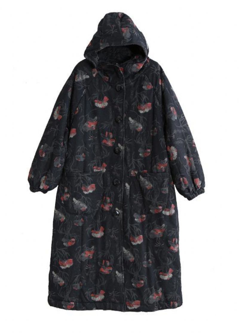 Vintage Oversized Trenchcoat Donkergrijze Wollen Jassen Met Capuchon En Knopen - Dames donsjacks