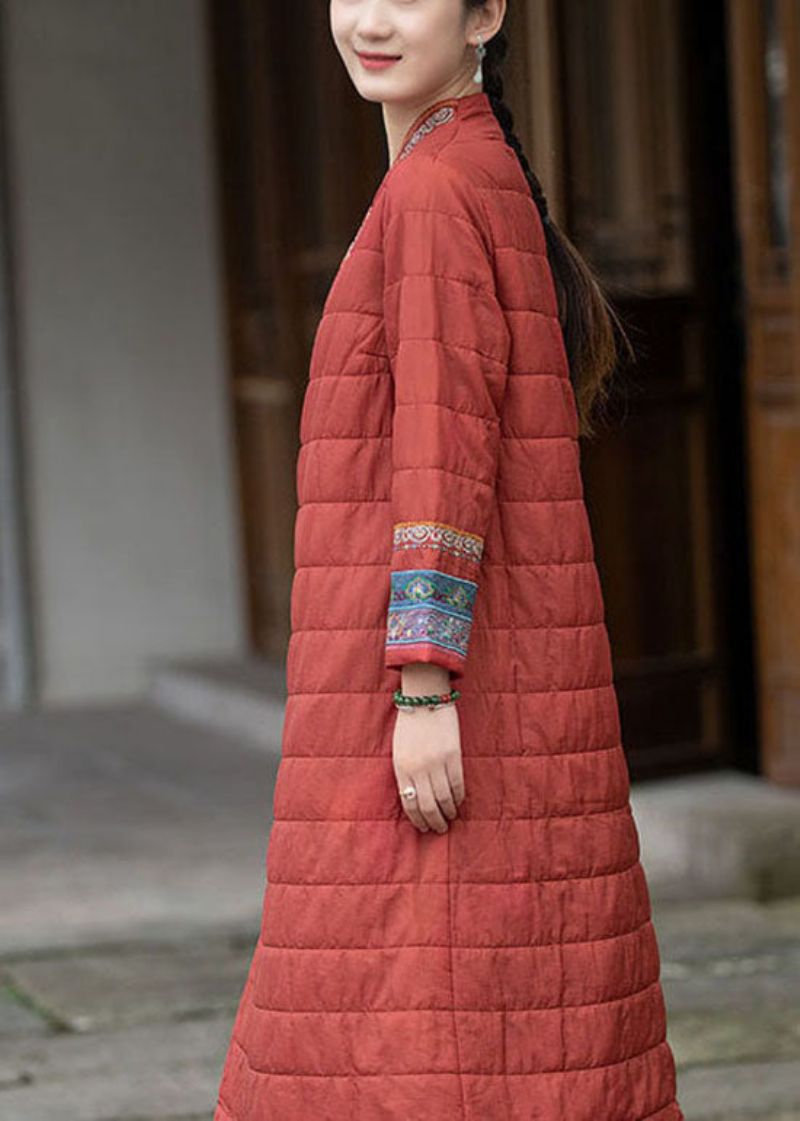 Vintage Rode Geborduurde Oosterse Knoop Fijne Katoenen Gevulde Jurk Winter - Dames donsjacks