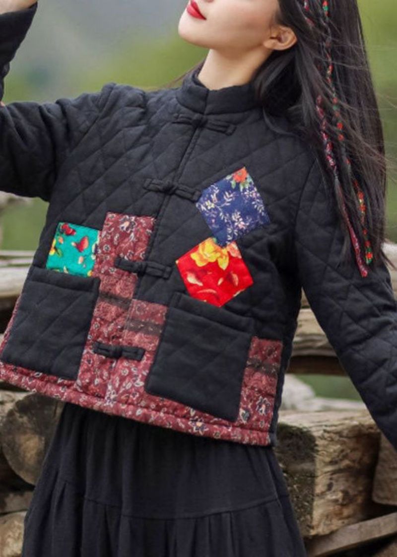 Vintage Rode Opstaande Kraag Zakken Patchwork Stoffen Fijne Katoenen Gevulde Jassen Winter - Dames donsjacks