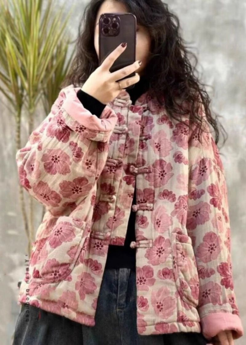 Vintage Roze Oversized Print Fijne Katoenen Gevulde Parkaer Winter