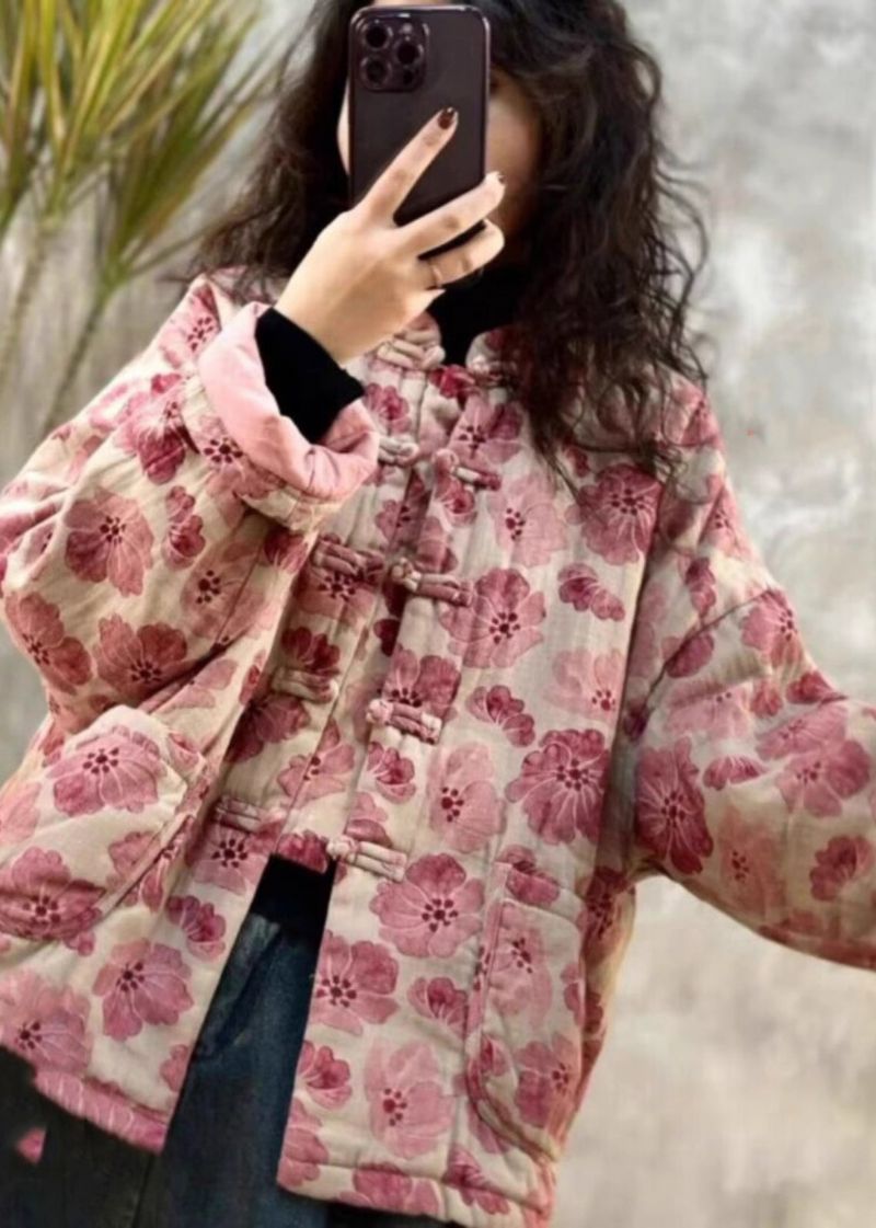 Vintage Roze Oversized Print Fijne Katoenen Gevulde Parkaer Winter - Dames donsjacks