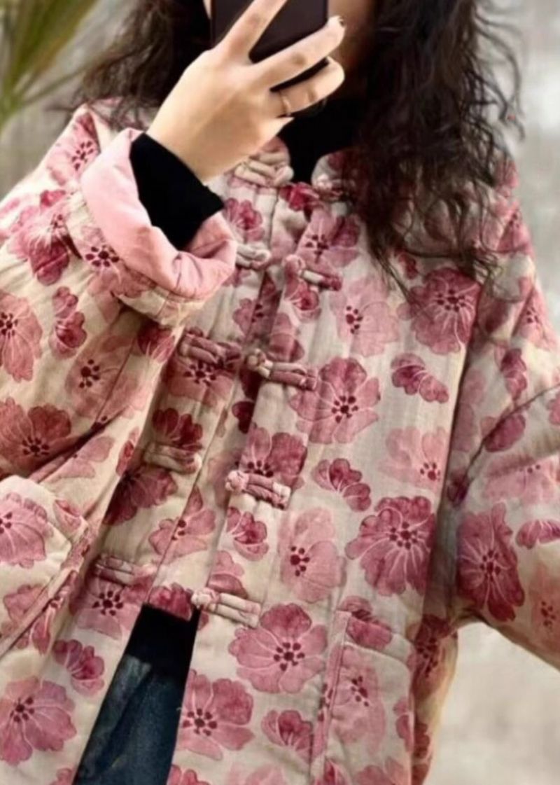 Vintage Roze Oversized Print Fijne Katoenen Gevulde Parkaer Winter - Dames donsjacks