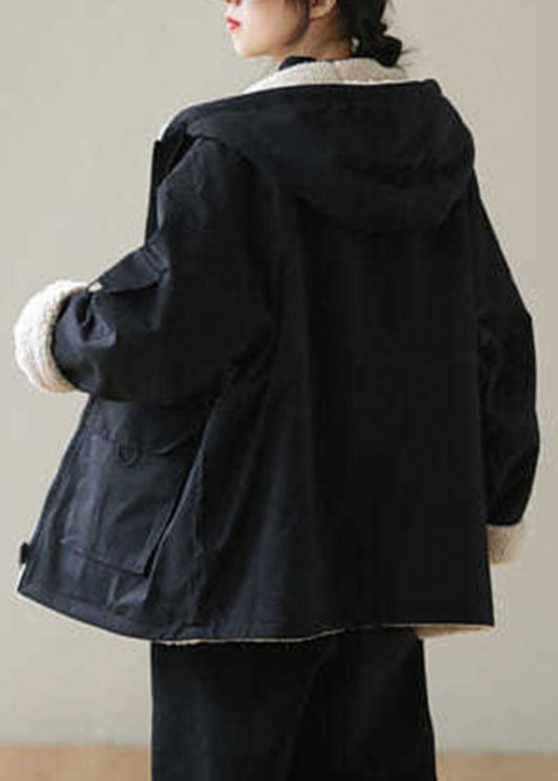 Vintage Zwarte Fleece Met Rits En Wol Gevoerde Hoodies Parka Winter - Zwart