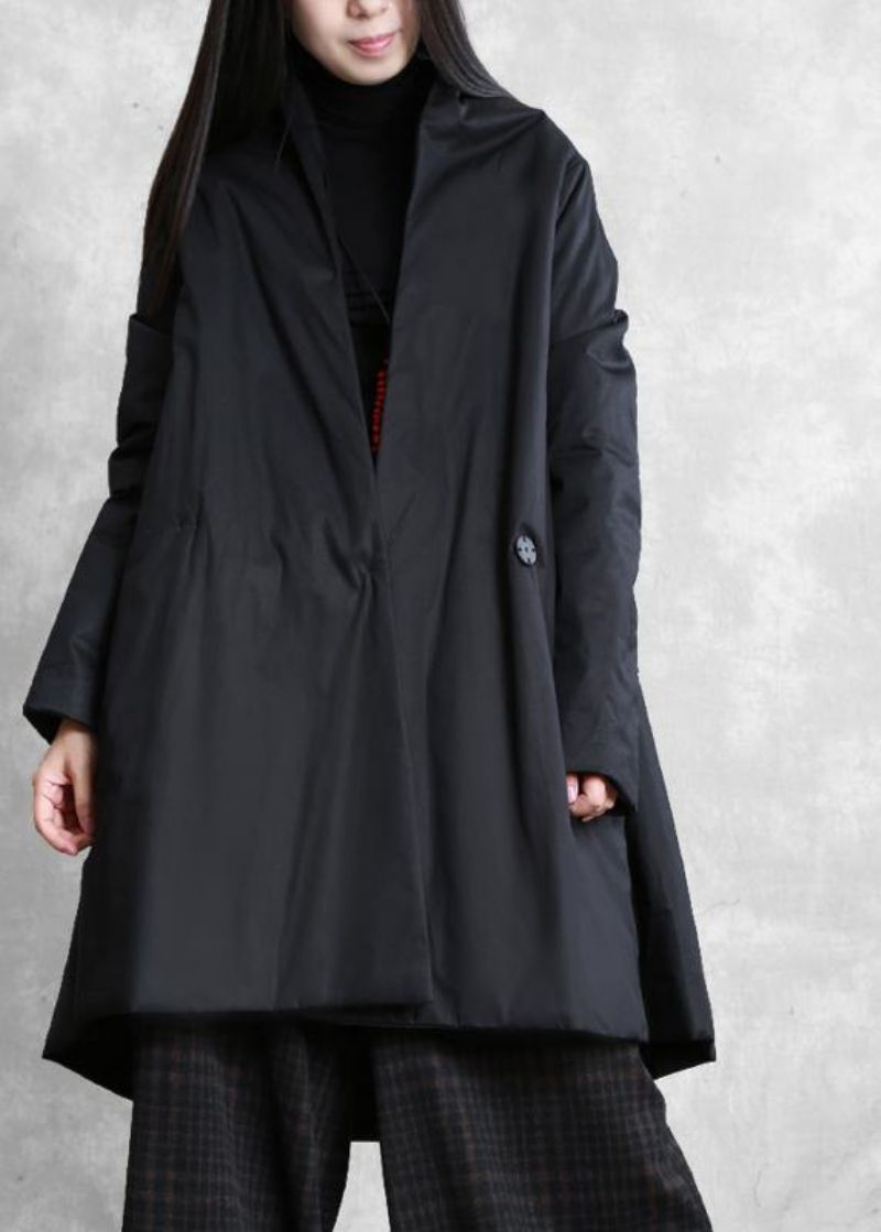 Warm Oversized Donsjack Overjas Zwarte Jassen Met V-hals En Zakken - Dames donsjacks