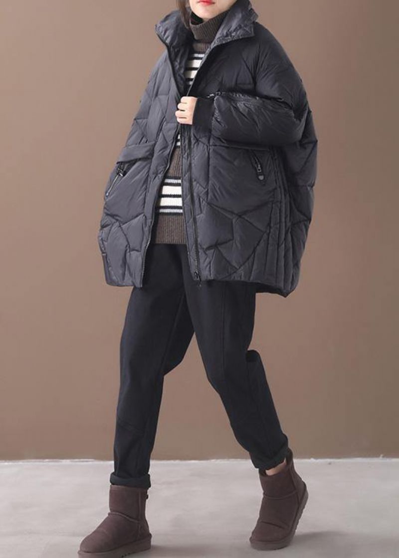 Warm Plus Size Donsjack Met Opstaande Kraag Zwarte Eendendonsjas Met Ritssluiting