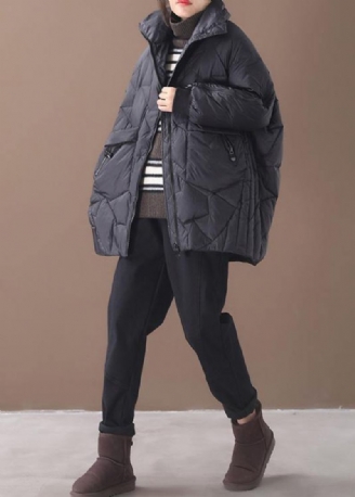 Warm Plus Size Donsjack Met Opstaande Kraag Zwarte Eendendonsjas Met Ritssluiting