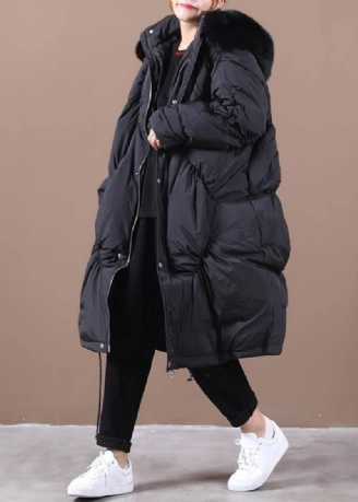 Warm Zwart Donsjack Dames Trendy Plus Size Winterdonsjack Met Capuchon Cinched Luxe Uitloper