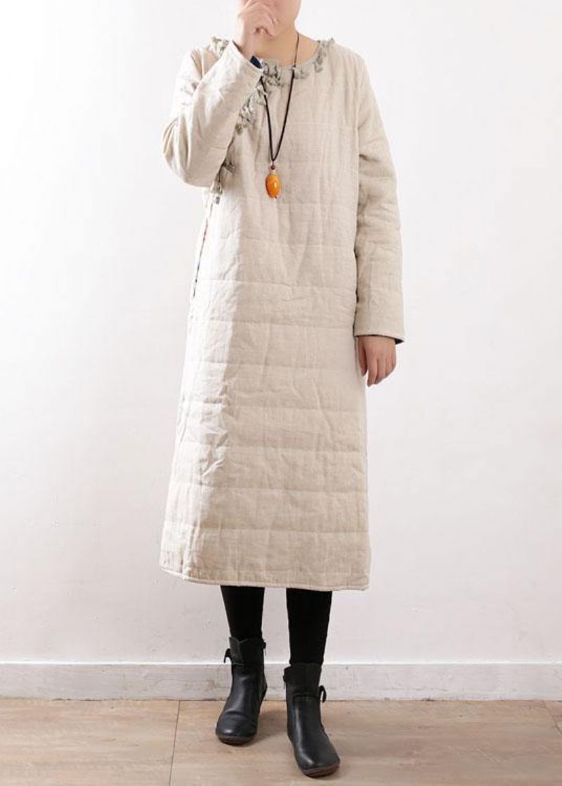 Warme Beige Jassen Casual Sneeuwjassen Chinese Knoop Aan De Zijkant Open Winteroutwear - Dames donsjacks