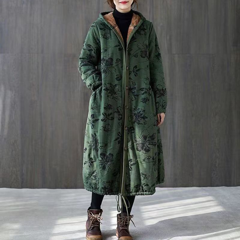 Warme Groene Printparka's Voor Dames Loszittende Donsjack Met Capuchon Zakken Winterjassen